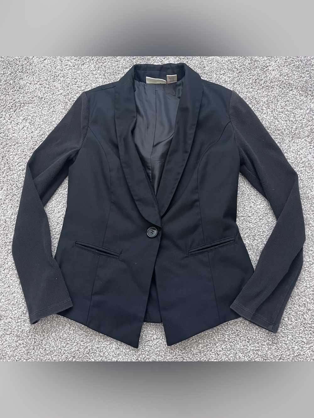 Dkny Black Single-Button Women's Blazer with Ribbed Knit Sleeves Size Small